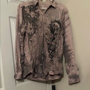 Helix Men's Casual Button Down Shirt - Gray with Black Design